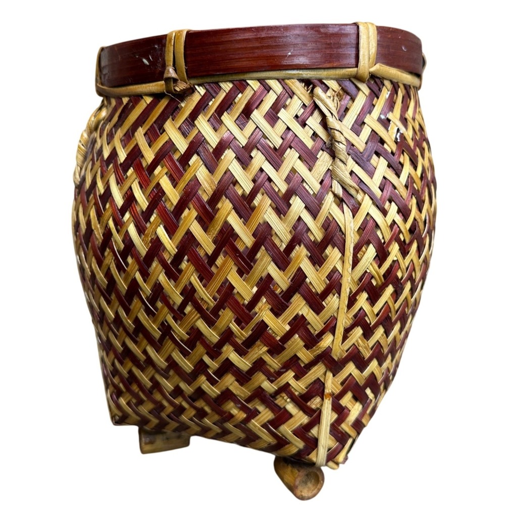 Vintage Woven Bamboo‎ Basket Two Tone Brown Natural Footed Decorative Pot Small